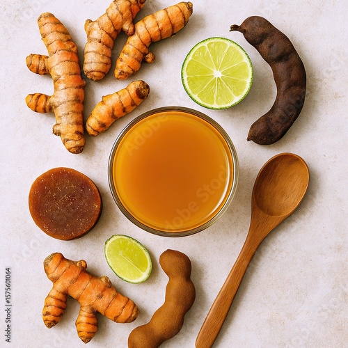 Detox jamu kunyit asam flatlay with turmeric & tamarind