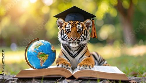 Cute tiger cub with graduation cap and globe on open book