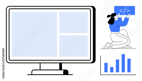 Woman writing code near a monitor with layout sections and a bar chart. Ideal for web development, programming, coding, technology, analytics, teamwork, education, simple landing page