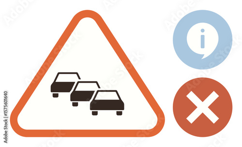 Red triangle warning showing car queue for traffic congestion, paired with information circle and prohibition mark. Ideal for traffic, road safety, warnings, decision-making, risk signals, caution