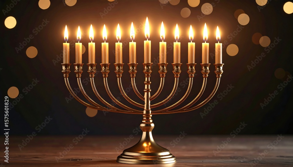 Fototapeta premium Gold menorah with lit candles on a dark wooden surface