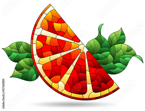 An illustration in the style of stained glass with orange slice, fruit isolated on a white background