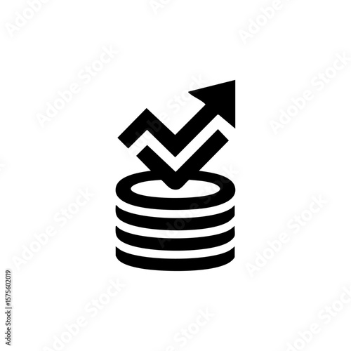 Minimalist symbol of stacked coins with an upward arrow, representing financial growth, investment return, and wealth accumulation.
