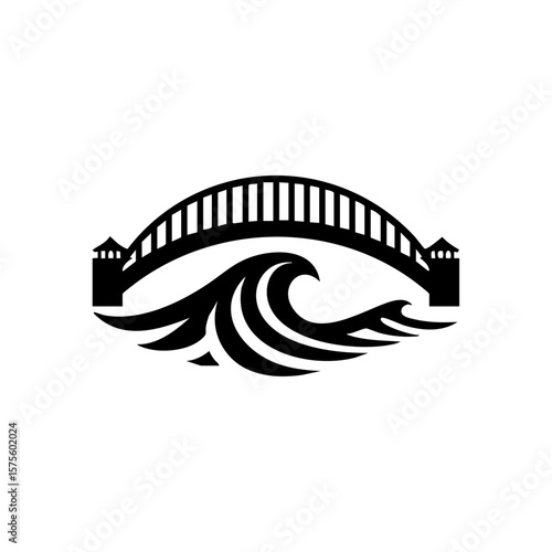 Stylized vector of an arched bridge spanning over turbulent waves, representing resilience, overcoming adversity, and connection through crisis.
