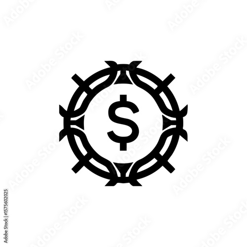 Minimalist vector of a dollar sign encircled by barbed wire, symbolizing financial restriction, economic hardship, or constrained wealth.
