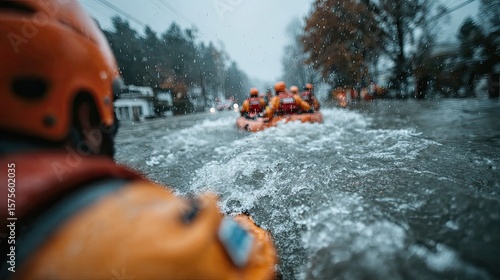 Flood rescue operation in action with emergency responders helping people during natural disaster and extreme weather