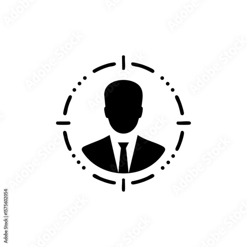 A professional icon showing a business figure in a dotted radar-like crosshair, symbolizing executive recruitment, headhunting, or precision hiring.
