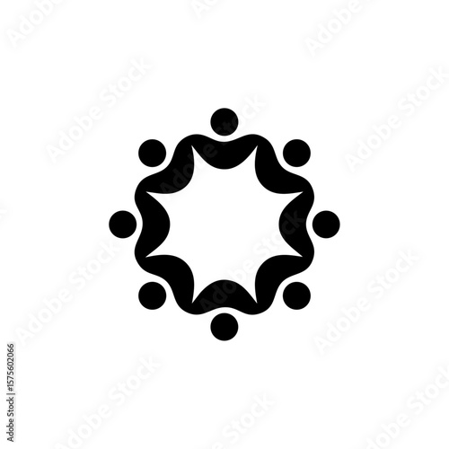 Simple circular icon of abstract people joined by arrows, representing unity, cooperation, diversity, or inclusive teamwork.
