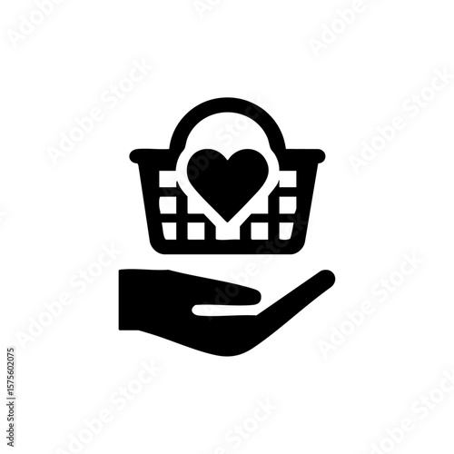 Vector icon of a hand holding a donation basket with a heart, representing care, generosity, and community aid.