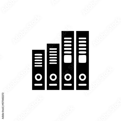 Black vector logo of stacked office binders forming a rising bar chart, representing data organization, documentation, and business records.
