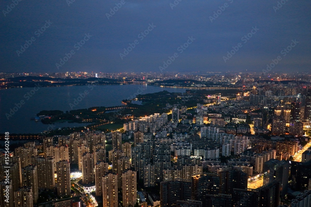 Fototapeta premium Night aerial view of Wuhan city, China