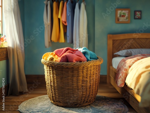Cozy Bedroom with Wicker Basket Filled with Colorful Laundry Near Bed and Hanging Clothes