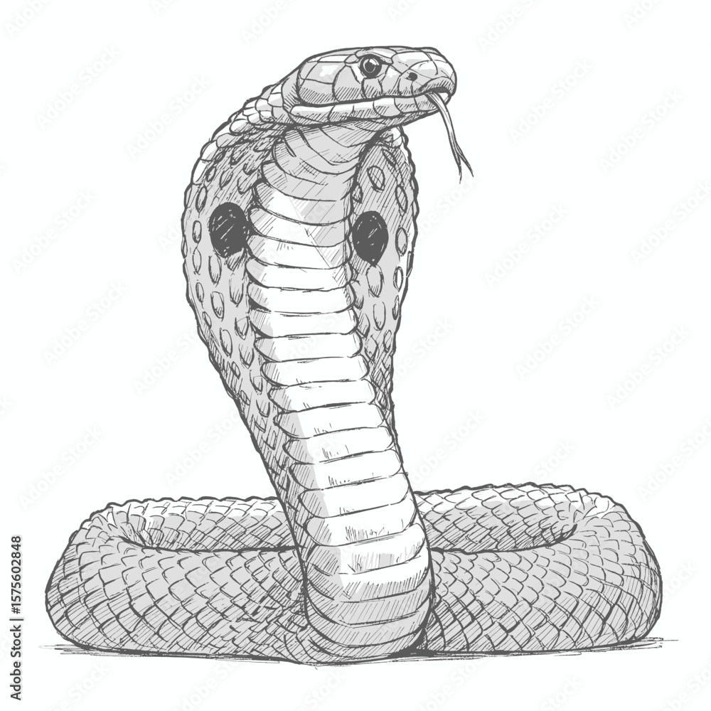Fototapeta premium King Cobra – Ophiophagus hannah. Title : Striking cobra sketch displaying expanded hood on sandy ground surface. Wildlife illustration concept