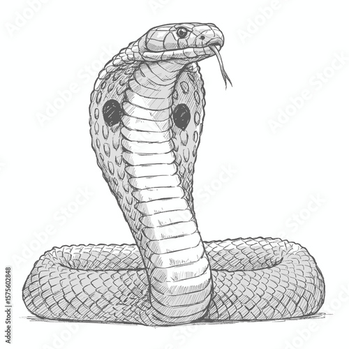 King Cobra – Ophiophagus hannah. Title :
Striking cobra sketch displaying expanded hood on sandy ground surface. Wildlife illustration concept
