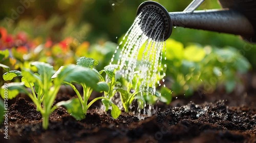 Watering Young Plants in a Garden