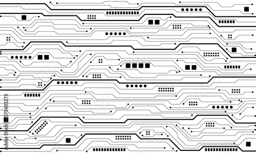 Abstract black circuit board technology connected lines electronics elements computer motherboard chip processor semiconductor digital on white background vector