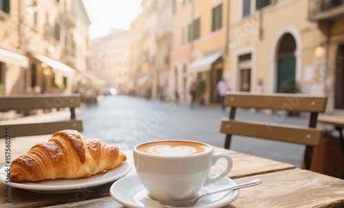 Fototapeta Naklejka Na Ścianę i Meble -  Latte and Fresh Pastry at a Florence Café Table with Sunlight and Historic Italian Street View, Morning Mood