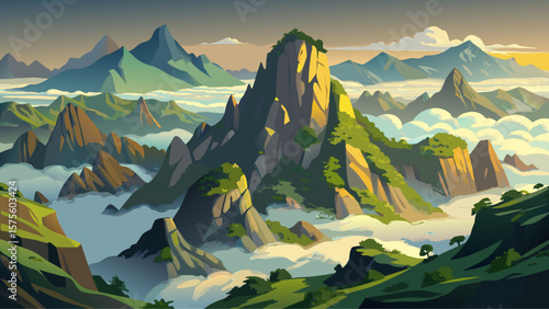 Chimanimani Mountains, Zimbabwe/Mozambique – Mossy peaks rise above mist. Patches of indigenous forest glide over rocky terraces in diffused light.