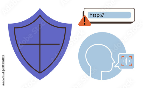 Blue shield with cross, URL bar showing alert sign, and head with voice recognition icon. Ideal for cybersecurity, online safety, digital authentication, internet security, phishing prevention