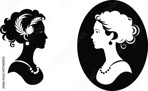 Elegant Black and White Female Silhouettes with Jewelry