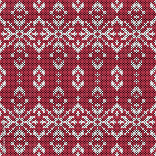 A knitted or woven fabric pattern that has a cross-stitch pattern, using the main color of dark red as the background and white patterns as the front pattern. A warm, handcrafted feeling, suitable fo