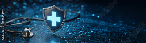 Healthcare Cybersecurity Shield with Stethoscope, copy space.