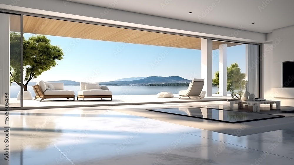 Obraz premium Framed from the veranda, a spacious minimalist villa interior with polished concrete floors, white walls, low-profile furniture, and panoramic glass doors .