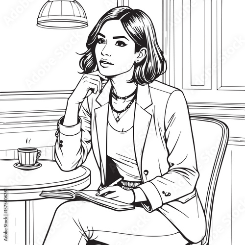  Contemplative Cafe Scene: A focused woman sits at a cafe table, penning in a notebook, coffee and architectural details around her, captured in stylish illustration.