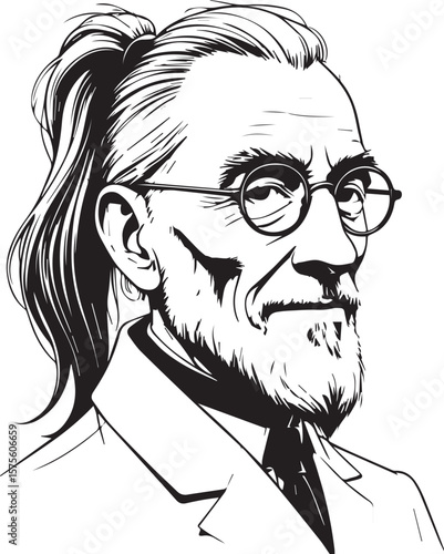 Intellectual Portrait: A black and white illustration of a wise, older gentleman with glasses, his focused gaze and distinguished appearance exude an aura of knowledge and experience.