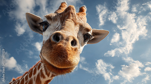 A giraffe looks up at the blue sky, with white clouds floating in it, and smiles for the camera. The photo was taken from an upward angle,