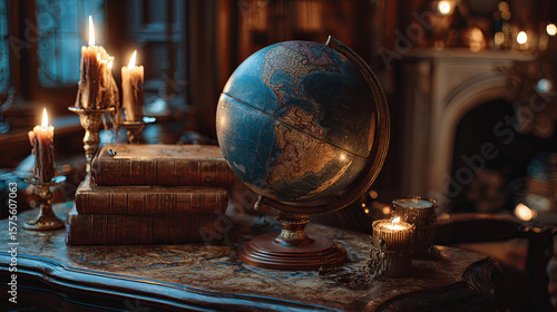 Vintage Globe with Candlelight and Old Books – Classic Study Room Scene for Exploration and Knowledge Themes

