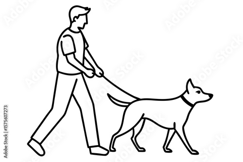 Minimalist Line Art of Person Walking Dog on Leash – Pet Care and Outdoor Lifestyle Concept
