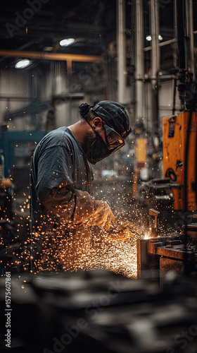 A worker in an industrial setting, working on machinery with sparks flying around them, wearing protective gear and gloves. The background is filled with metal pipes, 