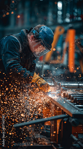 A worker in an industrial setting, working on machinery with sparks flying around them, wearing protective gear and gloves. The background is filled with metal pipes, 