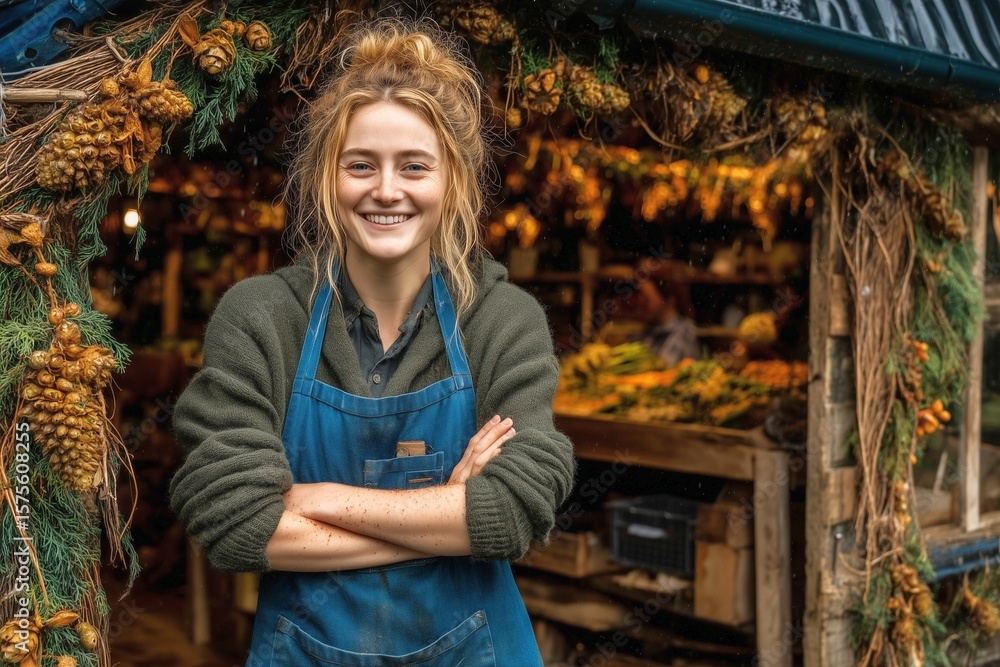Obraz premium Cheerful Shopkeeper in an Apron at a Rustic Market Stall