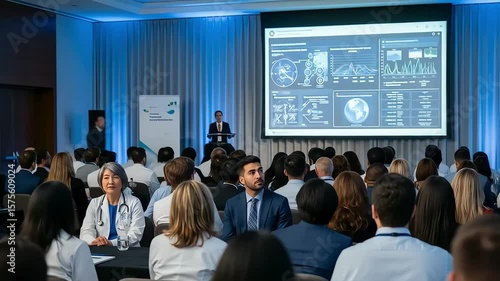 A presenter addressing a seated audience during a conference, showing data on a screen.