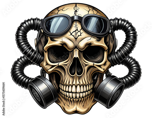 A - Tattoo-Style Skull with Industrial Gas Mask and Cracked Bone Texture, Front View, Isolated on Transparent Background”.