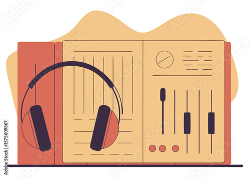 Retro Audio Mixing Console with Headphones Featuring a Warm Color Palette and Minimalist Design stylized