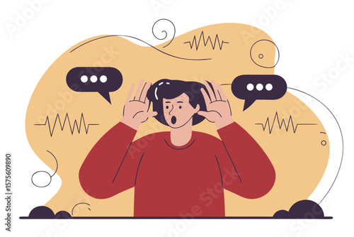 Person with Hands Up to Ears Speech Bubbles and Sound Waves Illustration person hands cupped