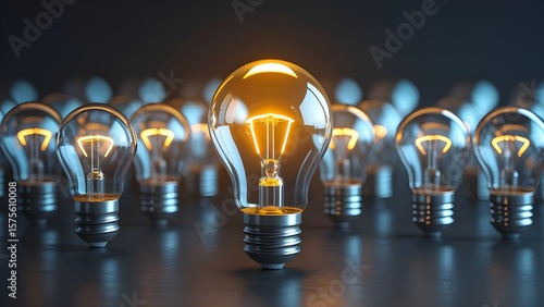 Leadership and innovation concept, one glowing light bulb standing out among many unlit bulbs