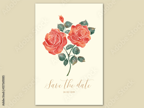 Watercolor rose floral arrangement greenery accents wedding card