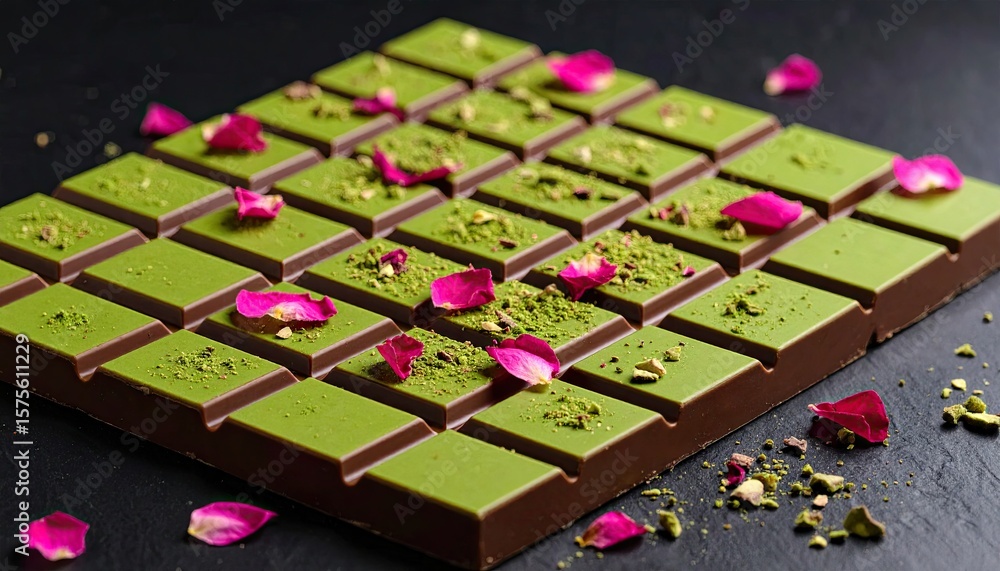 Fototapeta premium Dark and green chocolate bar with rose petals
