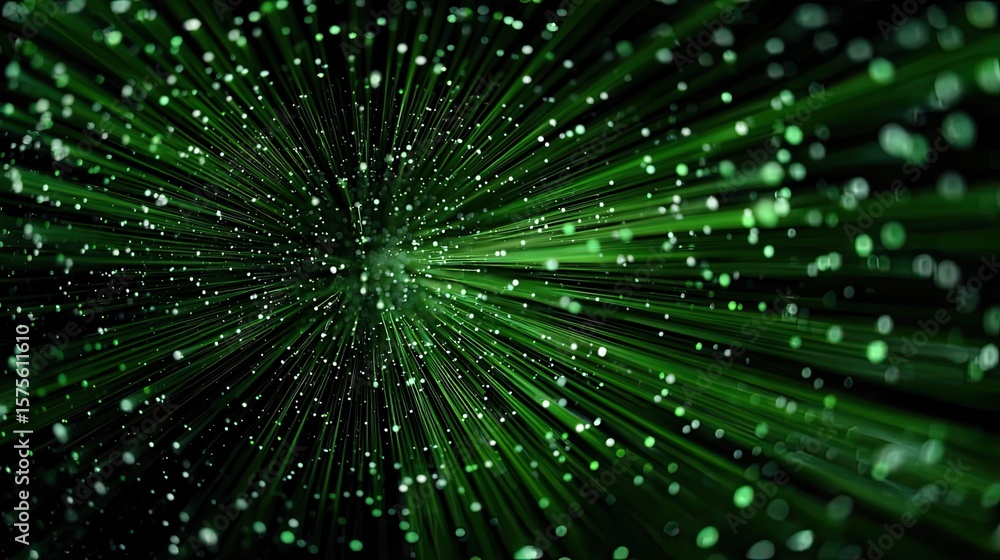 Fototapeta premium Radiating green lines burst from center representing energy, technology, dynamic motion, and abstract design concept