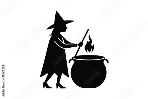 witch stirring cauldron vector icon