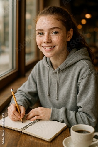 Portrait of a teen girl with freckles in a hoodie sketching in a notebook at a cafe window