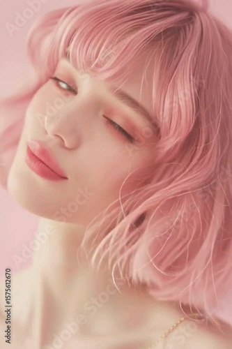 Fashionable Woman with Pastel Pink Bob Hairstyle
