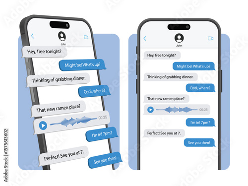 3D Realistic Smartphone Messenger on Screen – Mobile Chat App Template with Voice Message and Conversation Bubbles – Vector Illustration for Communication, Banner, Leaflet or Promotion Design