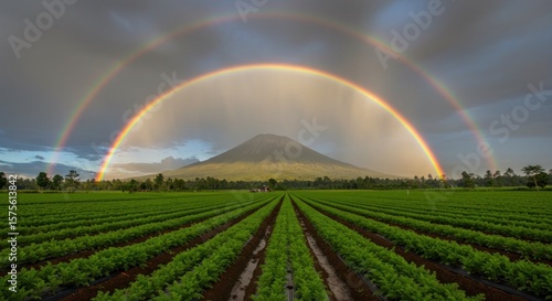 Double rainbow arches over a lush farmland, with a volcanic mountain in the background
