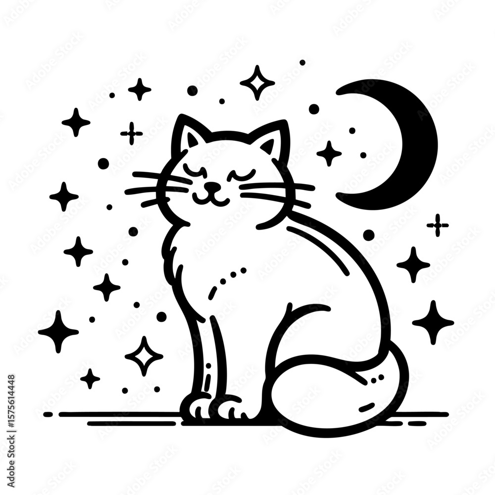 Obraz premium Cute Cat Sleeping Under the Moon and Stars