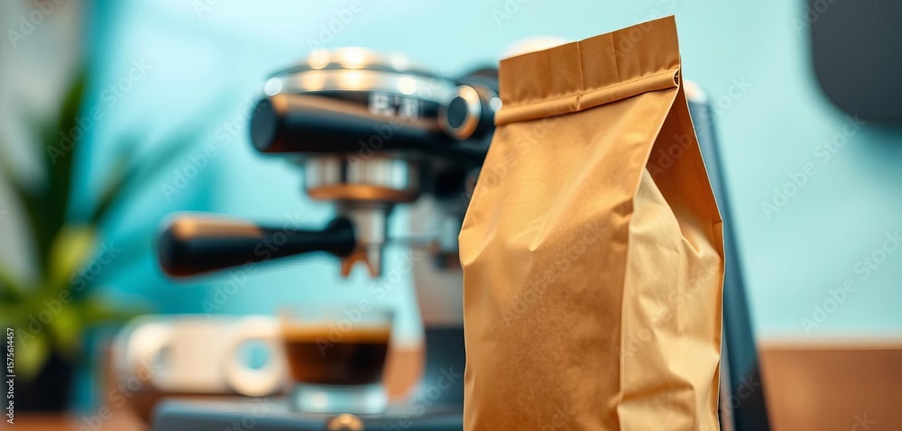 Fototapeta premium Close-up mockup coffee bag, espresso machine blurred background, america, shop